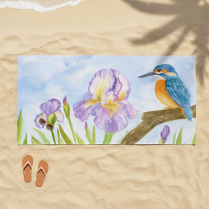 Watercolor Kingfisher with Purple Irises Beach Towel