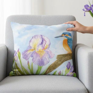 Watercolor Kingfisher with Purple Irises Decorative Cushion