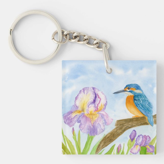 Watercolor Kingfisher with Purple Irises Key Ring (Front)