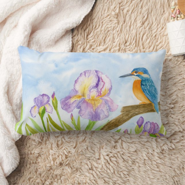 Watercolor Kingfisher with Purple Irises  Lumbar Cushion (Blanket)