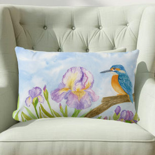Watercolor Kingfisher with Purple Irises  Lumbar Cushion