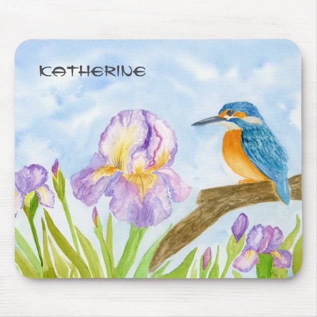Watercolor Kingfisher with Purple Irises  Mouse Pad (Front)
