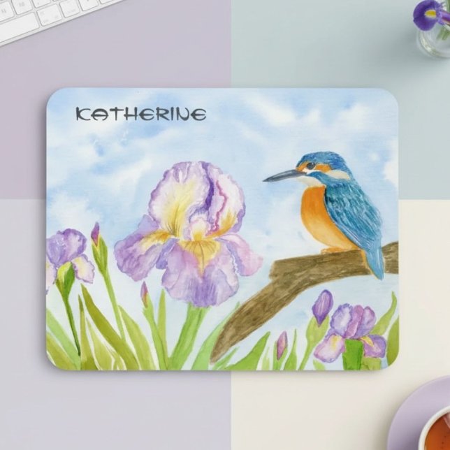 Watercolor Kingfisher with Purple Irises  Mouse Pad (Creator Uploaded)
