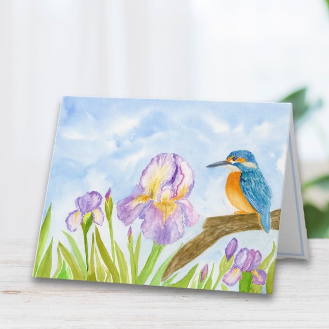 Watercolor Kingfisher with Purple Irises  Note Card (Creator Uploaded)