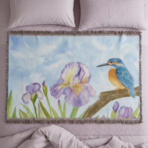 Watercolor Kingfisher with Purple Irises Throw Blanket
