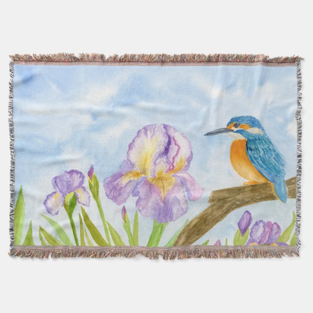 Watercolor Kingfisher with Purple Irises Throw Blanket (Front)