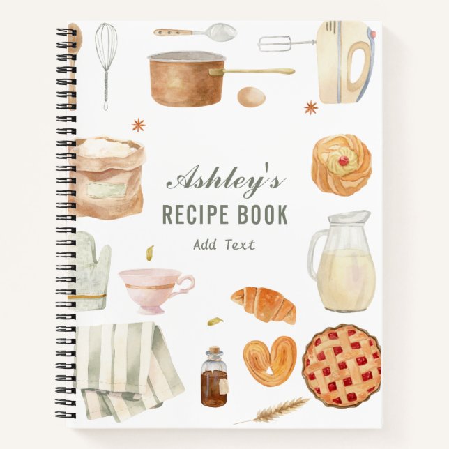 Watercolor Kitchen Supplies Personalised Recipe Notebook (Front)
