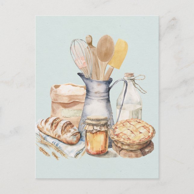 Watercolor Kitchen Utensil Baking Supplies Bread Postcard (Front)