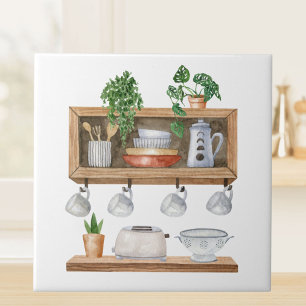 Watercolor Kitchen Utensils Boho Style Tile