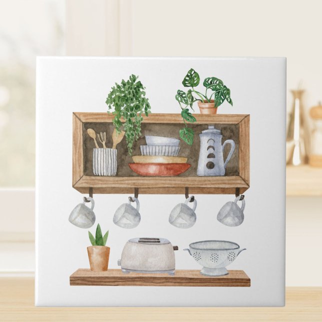 Watercolor Kitchen Utensils Boho Style Tile (Close up)