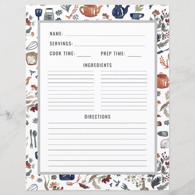 Watercolor Kitchen Utensils | Recipe Binder Page (Front)