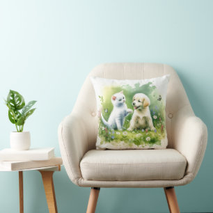 Watercolor Kitten and Puppy Cushion