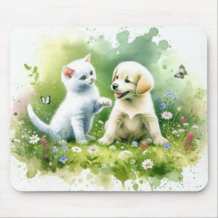 Watercolor Kitten and Puppy Mouse Pad