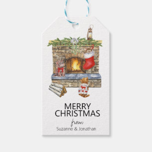 Watercolor Kitten Cat Fireplace Christmas Gift Tags