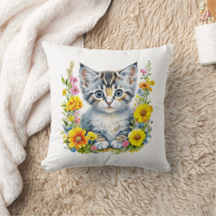 Watercolor Kitten Flowers Christmas Cushion