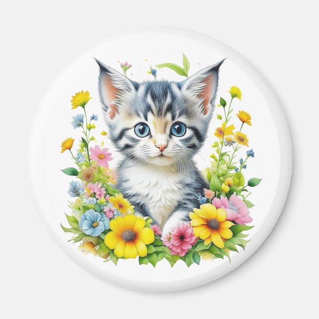 Watercolor Kitten Flowers Christmas Magnet (Front)