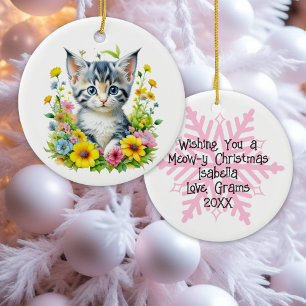 Watercolor Kitten Flowers Personalised Christmas Ceramic Tree Decoration