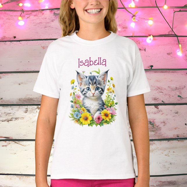 Watercolor Kitten Flowers Personalised T-Shirt (Creator Uploaded)