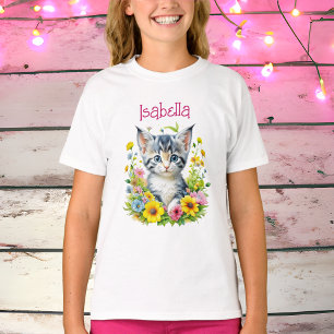 Watercolor Kitten Flowers Personalized T-Shirt