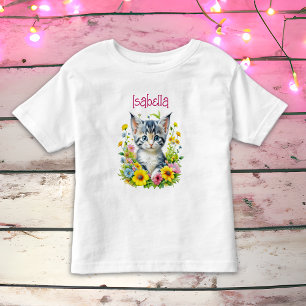 Watercolor Kitten Flowers Personalized Toddler T-Shirt