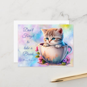 Watercolor Kitten in a teacup colourful Cat Postcard