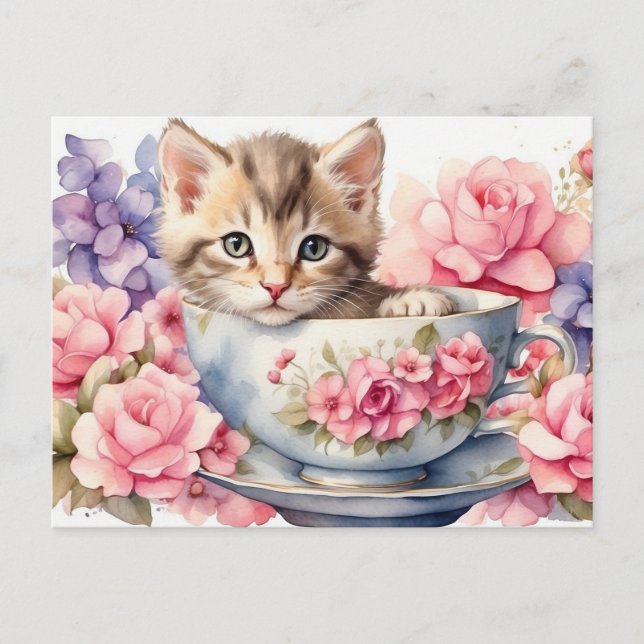 Watercolor Kitten in Teacup with Flowers  Postcard (Front)