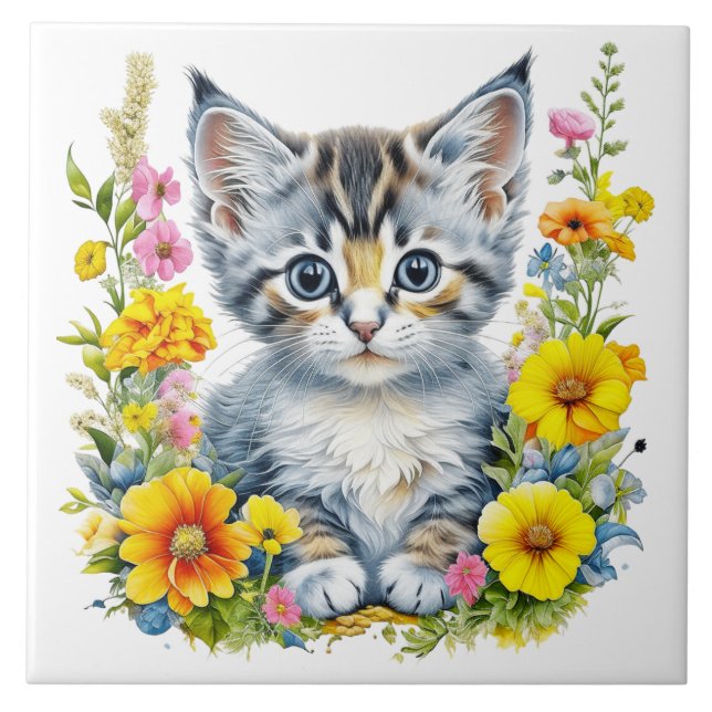 Watercolor Kitten in Yellow and Pink Flowers  Tile (Front)