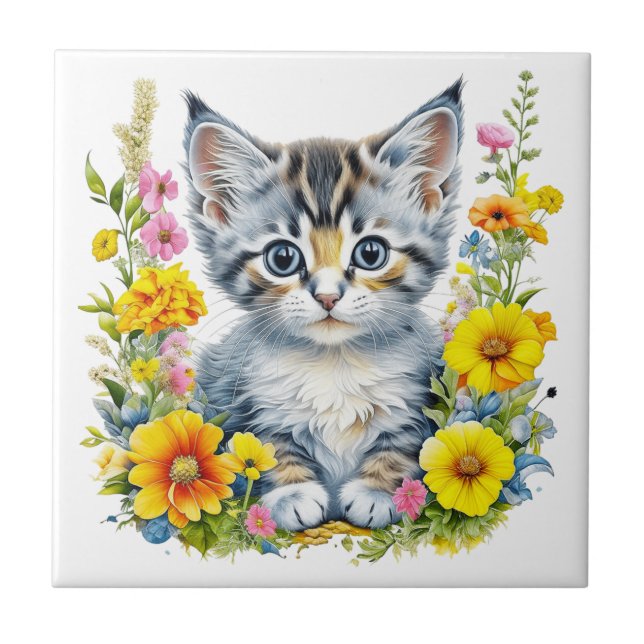 Watercolor Kitten in Yellow and Pink Flowers  Tile (Front)