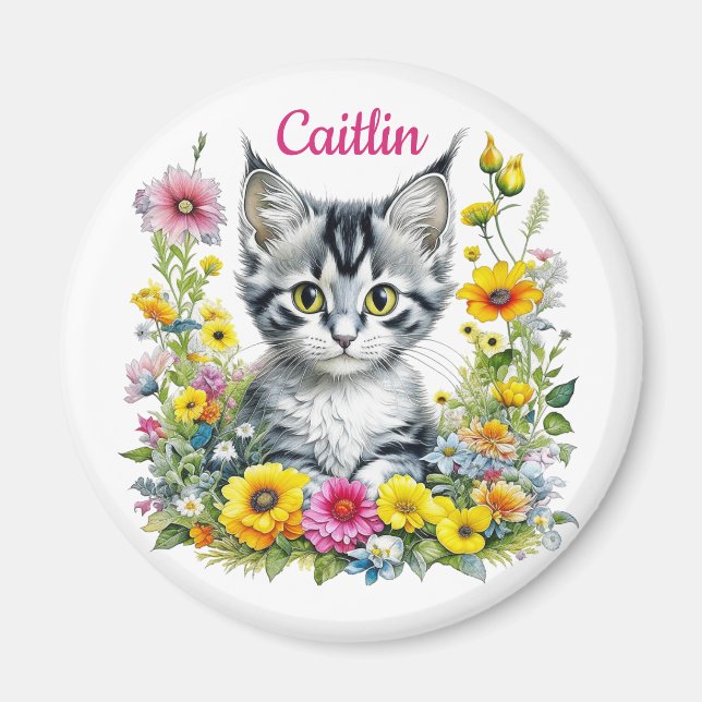 Watercolor Kitten in Yellow Flowers Personalised  Magnet (Front)