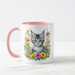 Watercolor Kitten in Yellow Flowers Personalised Mug