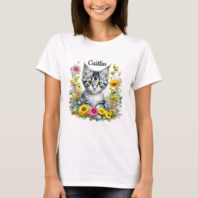 Watercolor Kitten in Yellow Flowers Personalised  T-Shirt (Front)