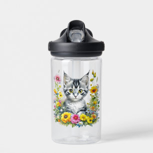 Watercolor Kitten in Yellow Flowers Personalised Water Bottle