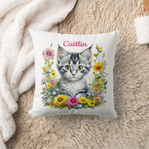 Watercolor Kitten in Yellow Flowers Personalized  Cushion