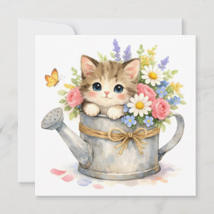 Watercolor Kitten inside Watering Can with Flowers Card