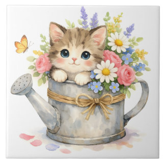 Watercolor Kitten inside Watering Can with Flowers Tile