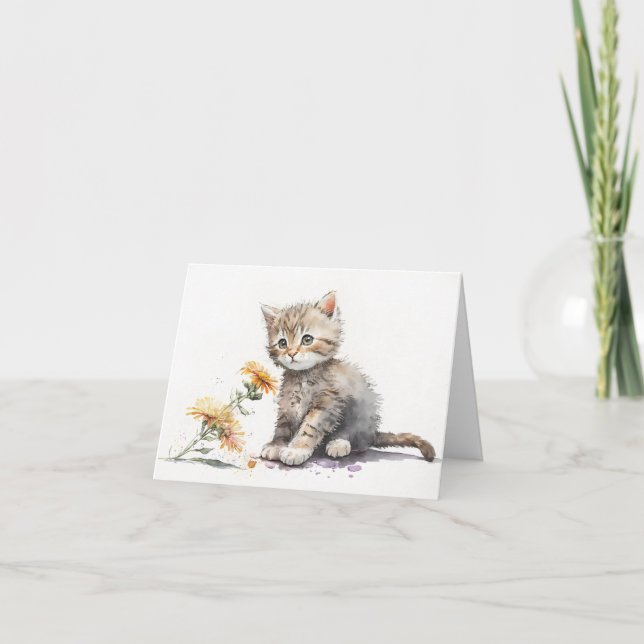 Watercolor Kitten With Daisy Note Card (Front)
