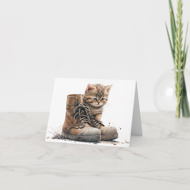 Watercolor Kitten With Old Shoes Note Card (Front)