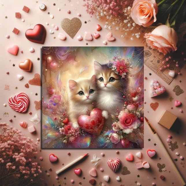 Watercolor Kittens Flowers Hearts Valentine  Holiday Card (Creator Uploaded)