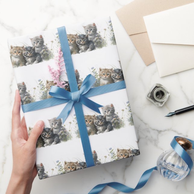 Watercolor Kittens In Wildflowers Wrapping Paper (Gifting)