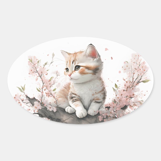 Watercolor Kitty with Pink Flowers Oval Sticker (Front)