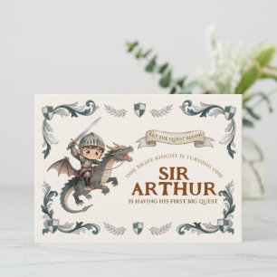 Watercolor Knight Dragon 1st Birthday Welcome Sign Invitation