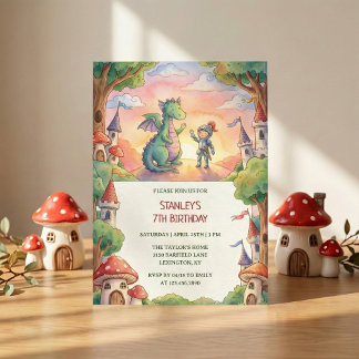 Watercolor Knight Dragon Fairytale Birthday Party Invitation