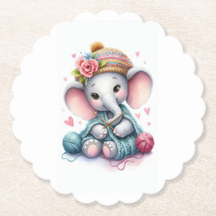 Watercolor knitting elephant paper coaster