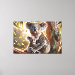 Watercolor Koala and Baby Joey in a Tree Painting Canvas Print