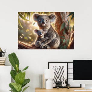 Watercolor Koala and Baby Joey in a Tree Painting Poster