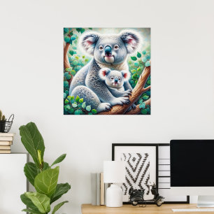 Watercolor Koala and Baby Joey in a Tree Painting Poster