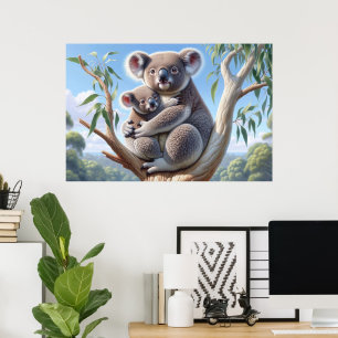 Watercolor Koala and Baby Joey in a Tree Painting Poster