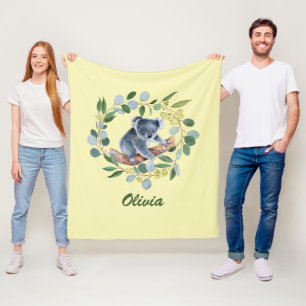 Watercolor Koala and Eucalyptus Wreath Fleece Blanket
