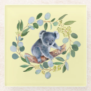 Watercolor Koala and Eucalyptus Wreath  Glass Coaster