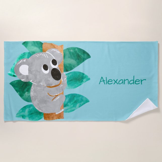 Watercolor Koala Bear Kids Personalised Cute Beach Towel (Front)